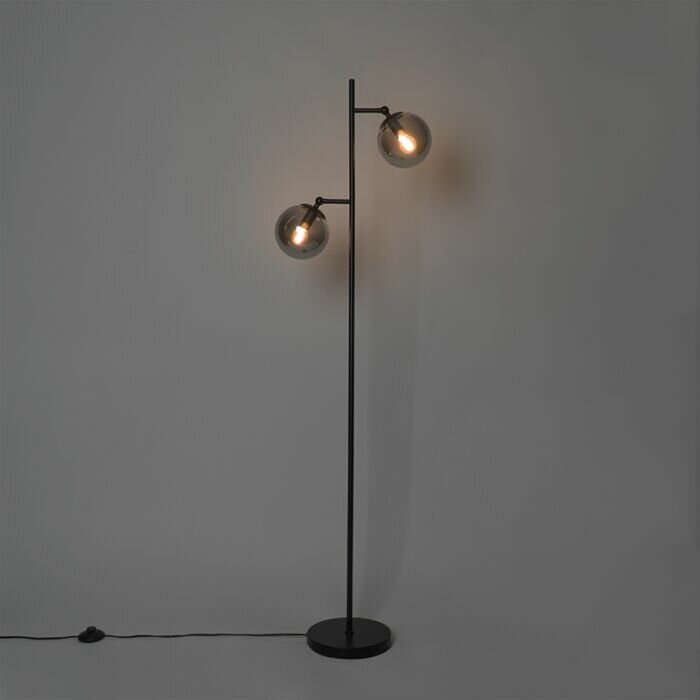 Art deco vloerlamp zwart met glas smoke 2-lichts - Pallon