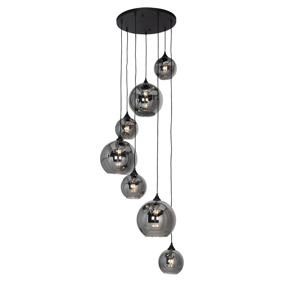 Art deco hanglamp zwart met smoke glas rond 7-lichts