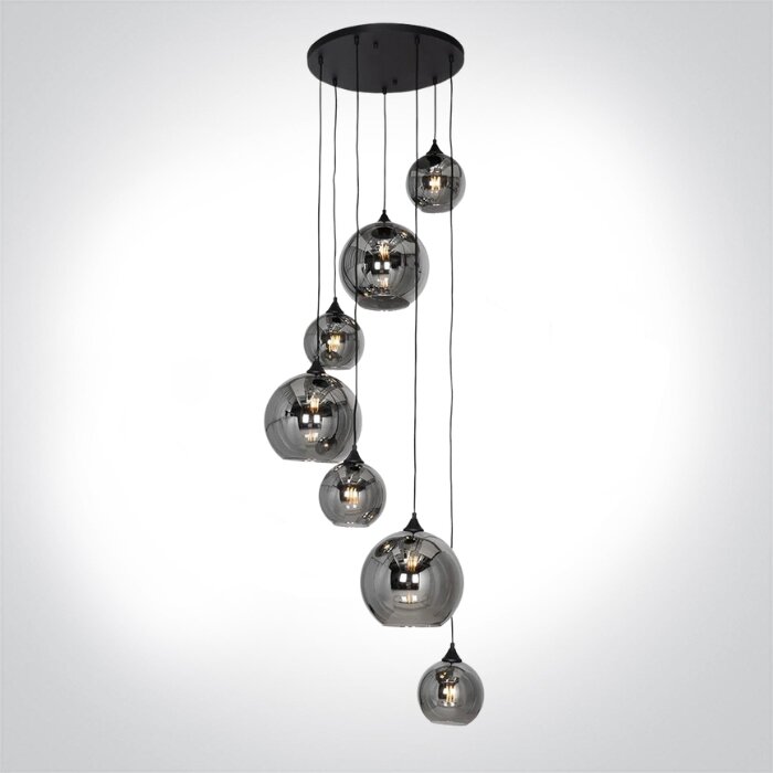Art deco hanglamp zwart met smoke glas rond 7-lichts