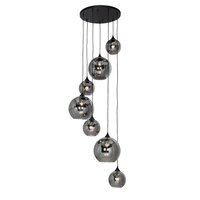 Art deco hanglamp zwart met smoke glas rond 7-lichts