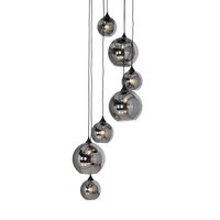 Art deco hanglamp zwart met smoke glas rond 7-lichts