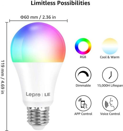 2x Lampux RGB+WW wifi lamp, E27, 9W