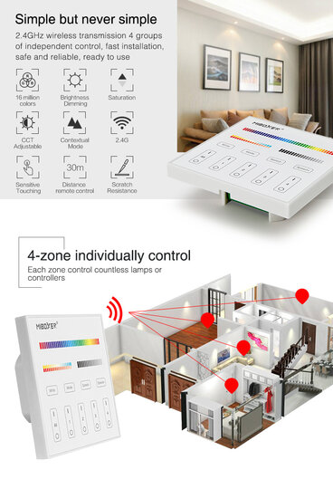 Milight 4-zone RGBWW afstandsbediening paneel touch op stroom