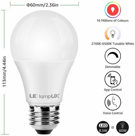 Lampux RGB+WW wifi lamp, E27, 8.5W, 806Lm