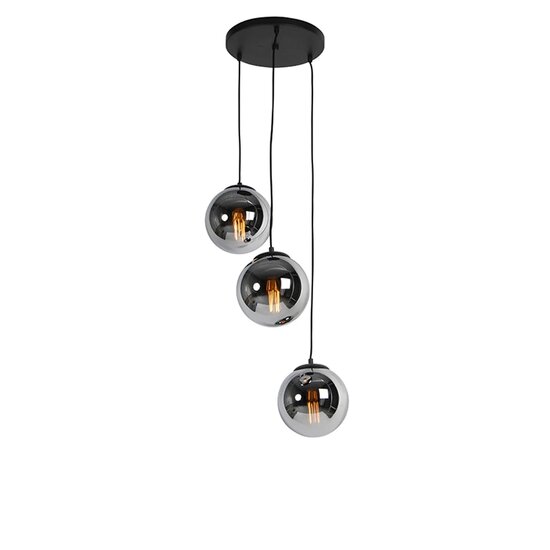 Art deco hanglamp zwart met smoke glas rond 3-lichts