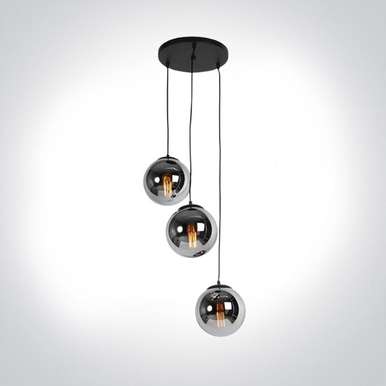 Art deco hanglamp zwart met smoke glas rond 3-lichts