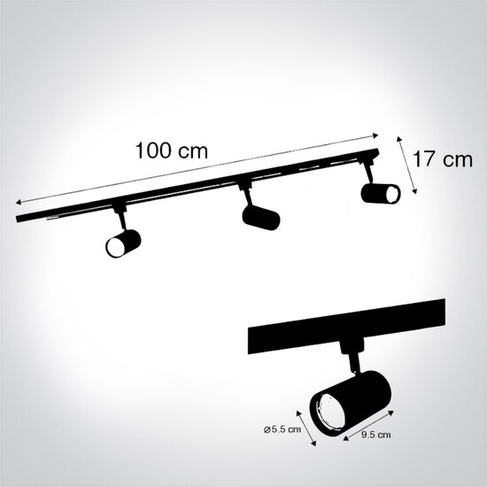 Railsysteem complete set met 3 spot  1-fase zwart